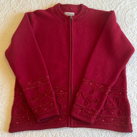 100% Wool Front Zip Sweater Jacket Women’s Medium Red Gold Stitching Cord Warm - Picture 1 of 17